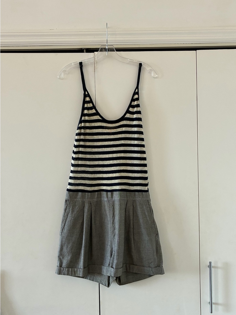 rag & bone Black and White Striped Linen-Blend Romper